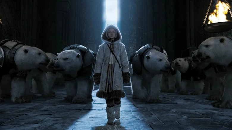 Lyra Belacqua walking into the darkness with armored polar bears behind her in "The Golden Compass"