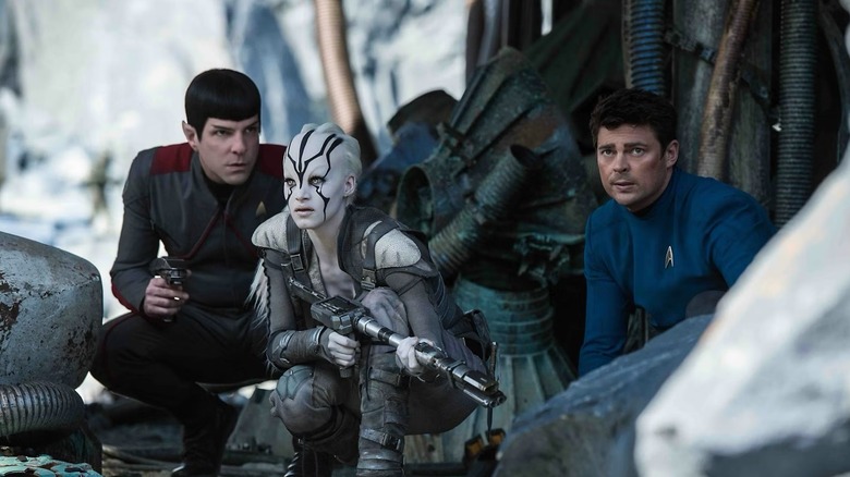 Spock, Jayllah, and Bones planning their next move in "Star Trek Beyond" (2016)