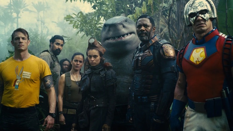 Members of the Suicide Squad standing around shocked in "The Suicide Squad" (2021)