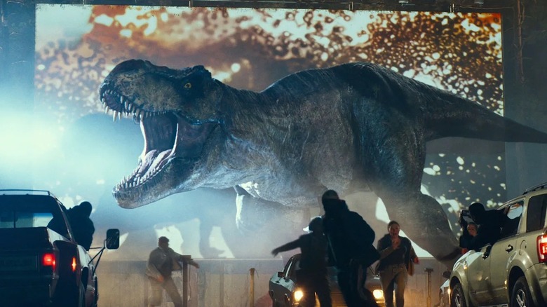 A T-Rex interrupting a drive-in movie in Jurassic World Dominion (2022)