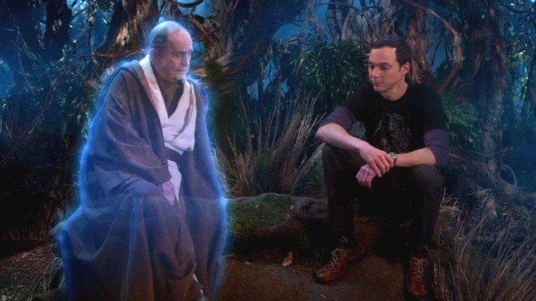 Ghost Jedi Professor Proton and Sheldon sitting on a rock in "The Big Bang Theory."