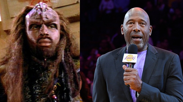 James Worthy as a Klingon in Star Trek The Next Generation Gambit; James Worthy in a suit announcing into a Lakers mic