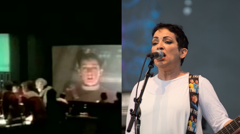 Jane Wiedlin of the Go-Gos on a screen in Star Trek IV: The Voyage Home; Jane Wiedlin singing on stage in a white t-shirt
