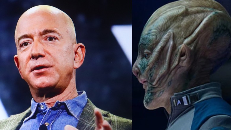 Jeff Bezos speaking on a panel; Bezos in prosthetics on Star Trek Beyond