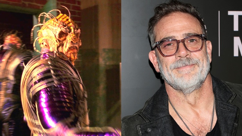 Jeffrey Dean Morgan as a Xindi reptilian on Star Trek; Morgan smiling with glasses and a beard