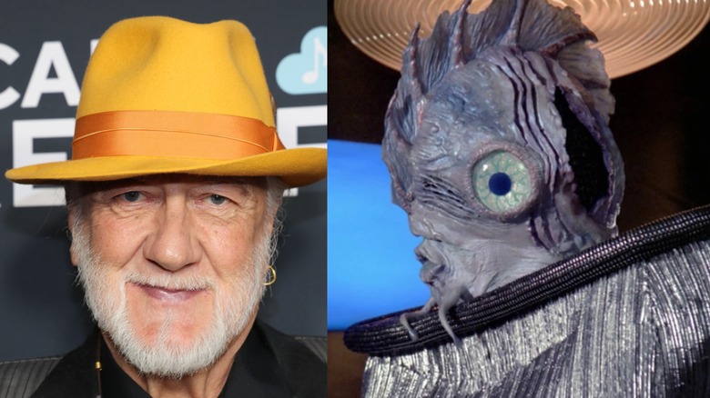 Mick Fleetwood in a yellow hat; Fleetwood as an alien in heavy prosthetics in Star Trek The Next Generation