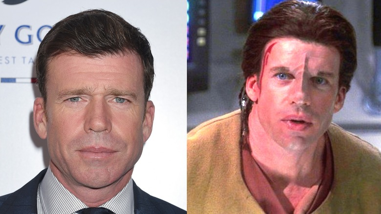 Taylor Sheridan posing solemnly; Sheridan with a bleeding forehead on Star Trek Enterprise