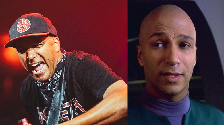 Tom Morello yelling while performing; Tom Morello looking serious in Star Trek: Voyager