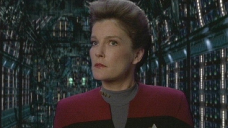Janeway stands on a Borg cube in Star Trek: Voyager