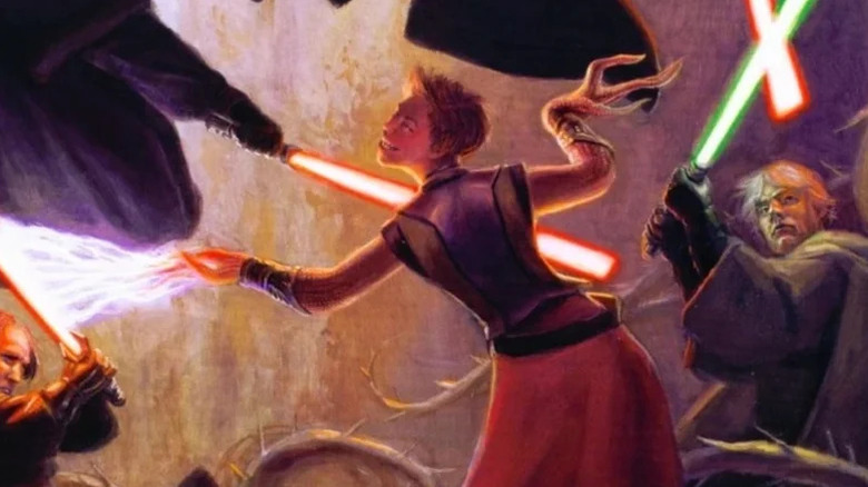 Abeloth fighting a group of jedi with Force lightning