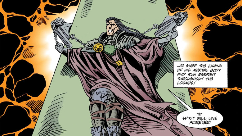 Exar Kun chained to a pillar as energy bursts in the background, as he declares, "My spirit will live forever!"