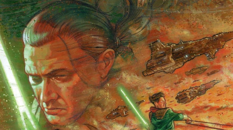 Exar Kun and Ulic Qel-Droma fighting next to each other on the cover of Tales of the Jedi – Dark Lords of the Sith 1