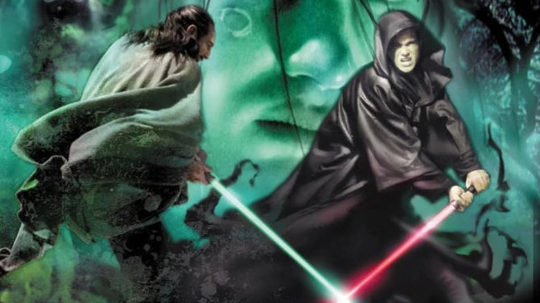 Qui-Gon Jinn dueling Xanatos on the cover of Jedi Apprentice: The Dark Rival