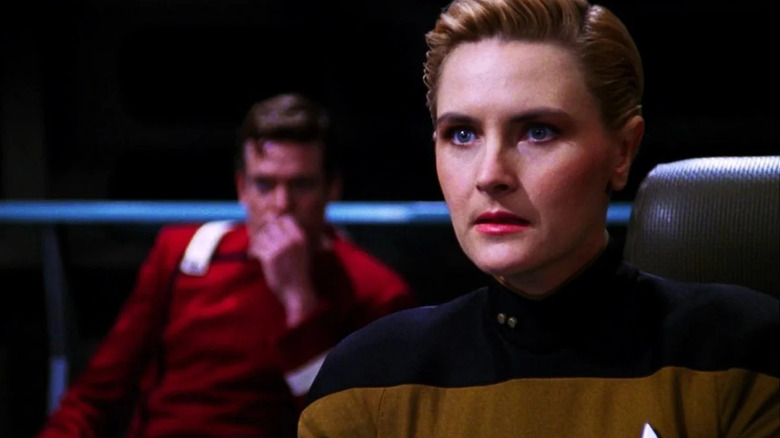 Yar sits at the forward station on the Enterprise-C in Star Trek: The Next Generation