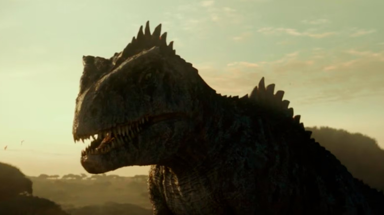 The Giganotosaurus stares down its foe in the savanna in "Jurassic World: Dominion"
