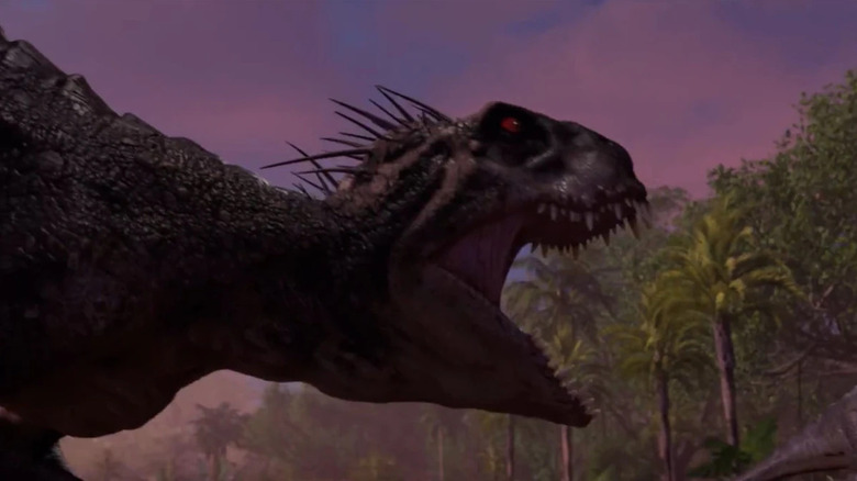 The Scorpios rex roars in the jungle with its piercing red eyes and poisonous quills in "Jurassic World: Camp Cretaceous"