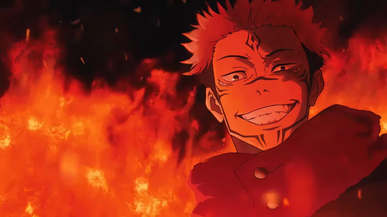 Sukuna grinning in flames on Jujutsu Kaisen
