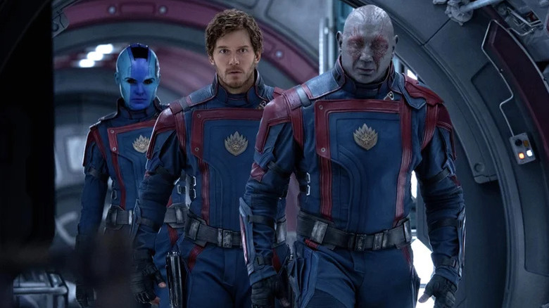 Nebula, Star-Lord, and Drax wearing space suits in Guardians of the Galaxy, Vol. 3