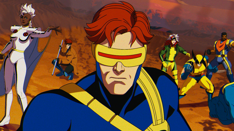 Morph, Storm, Gambit, Cyclops, Rogue, Wolverine, Bishop preparing to attack on X-Men '97