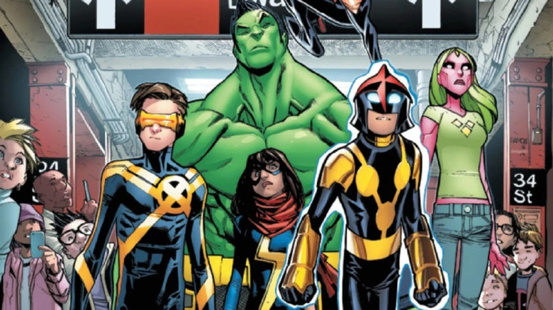 Young Cyclops, Brawn, Ms. Marvel, Nova, and Viv Vision on a subway in Champions