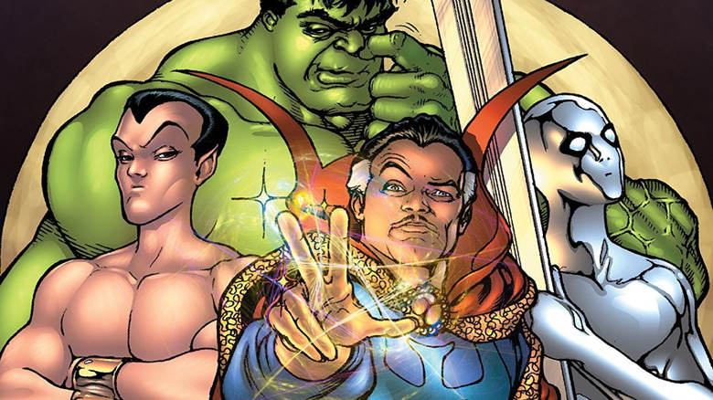 Namor, Hulk, Doctor Strange, and Silver Surfer posing in formation in Defenders: Indefensible