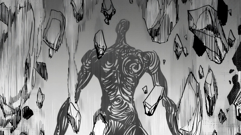 A mural of God with falling rocks on One Punch Man