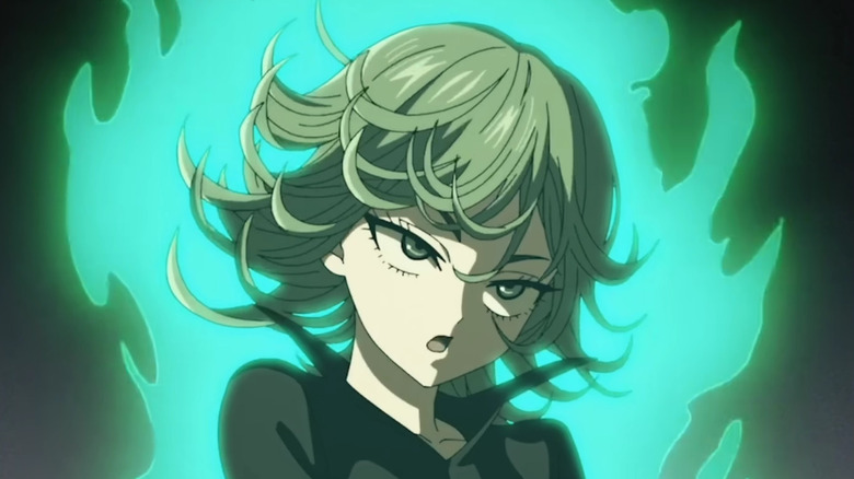 Tatsumaki surrounded by green flames on One Punch Man