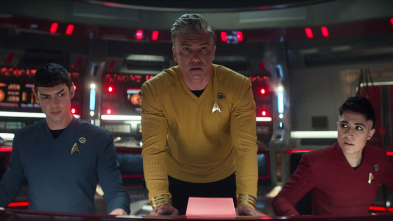 Pike, Spock, and Ortegas during a tense moment on the bridge in Star Trek: Strange New Worlds