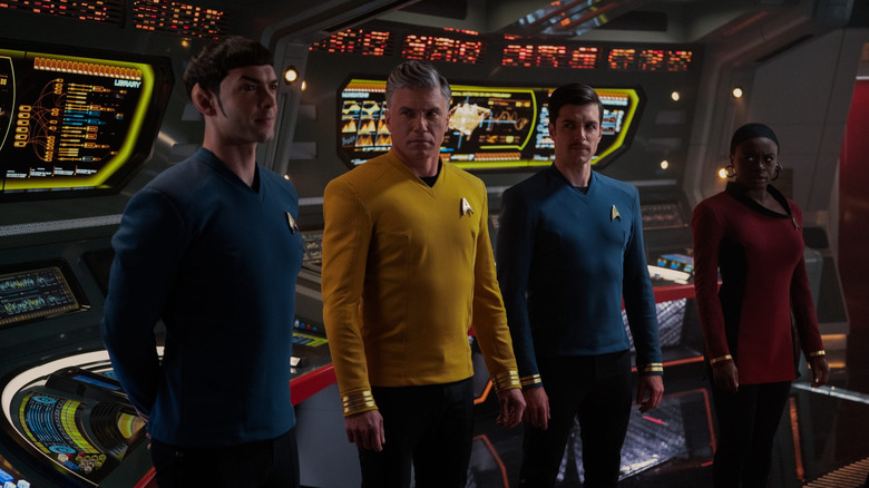 Spock, Pike, Sam Kirk, and Uhura on the bridge in Star Trek: Strange New Worlds