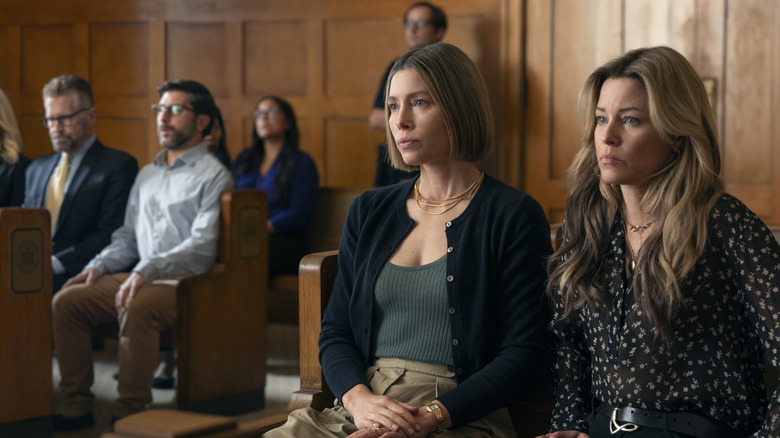 Chloe and Nicky sitting in court looking stressed in The Better Sister