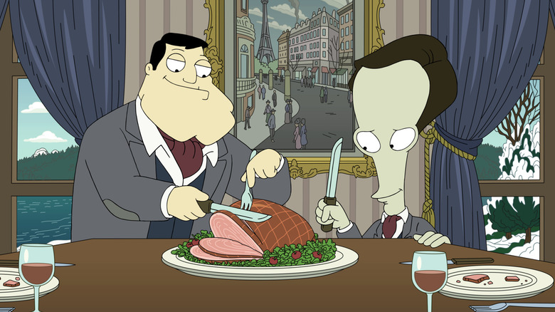 Stan and Roger cutting into a ham in "American Dad!" Season 17.