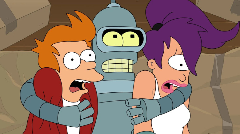 Bender hugging Fry and Leela in "Futurama"