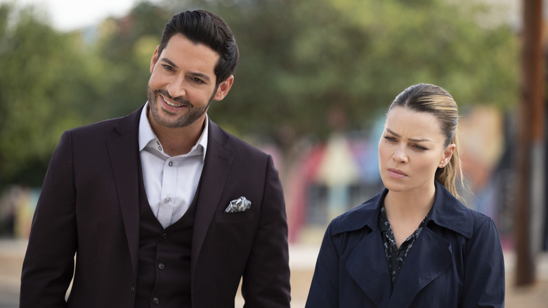 Lucifer smiling and Chloe frowning in "Lucifer."