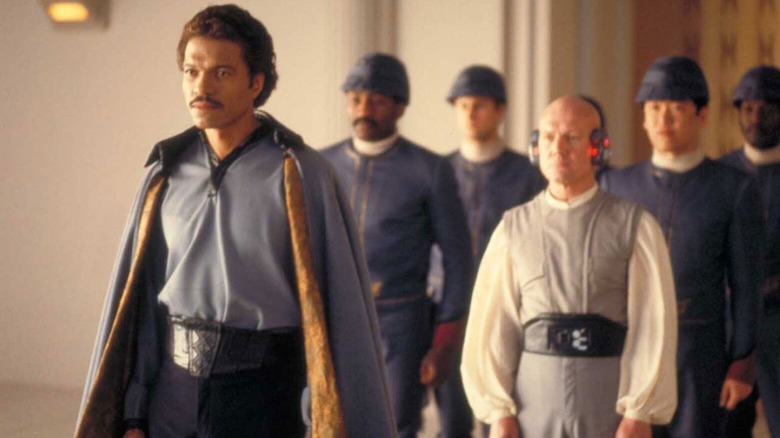 Lando walking with a security detail on Cloud City in The Empire Strikes Back