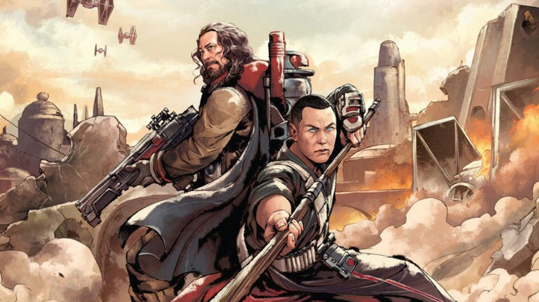 Chirrut Îmwe and Baze Malbus on the cover of the Star Wars: Guardians of the Whills novel