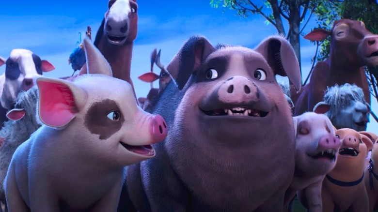 Lucky talks to Napoleon in Animal Farm (2025)