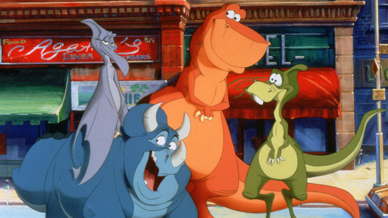 Rex, Woog, Elsa, and Dweeb pose in We're Back! A Dinosaur's Story