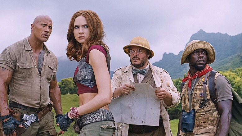 Bravestone, Ruby, Mouse, and Shelly ponder their surroundings in Jumanji: Welcome to the Jungle (2017)