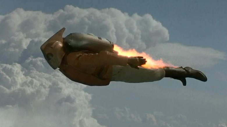 The Rocketeer zooming across the sky in the 1991 movie of the same name