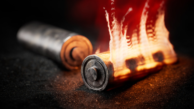 Two batteries on a gravel-like surface, one of which is on fire