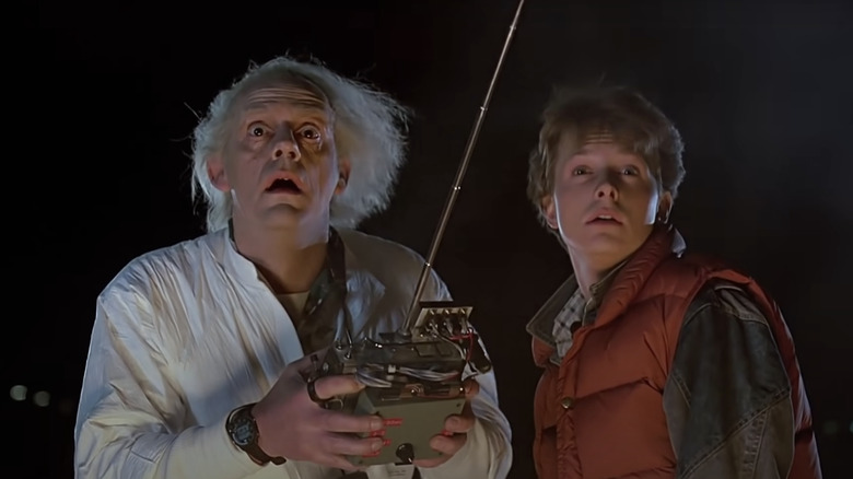 Doc Brown and Marty with DeLorean remote