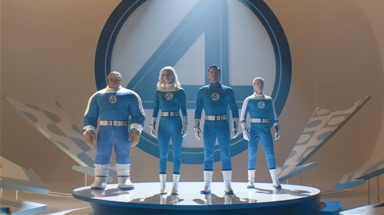 The Fantastic Four standing together on platform in "The Fantastic Four: First Steps" (2025)