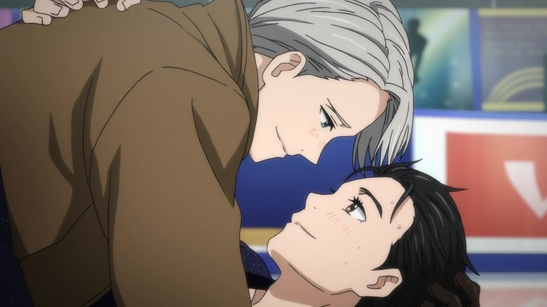 Yuri and Victor make eye contact holding each other in "Yuri!!! on Ice"