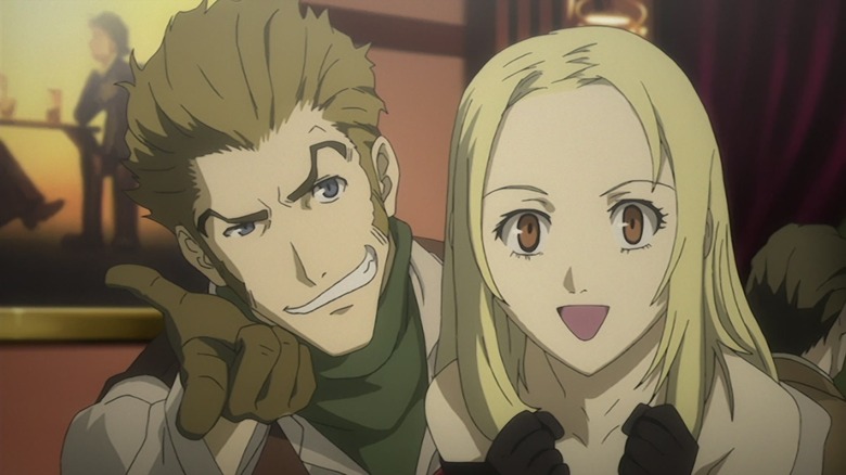 Isaac makes a finger gun as Miria leans forward in excitement in "Baccano!"
