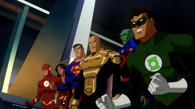 The Justice League stands beside Alexander Luthor in Justice League: Crisis on Two Earths (2010)