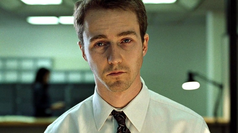 Edward Norton's narrator staring ahead in Fight Club