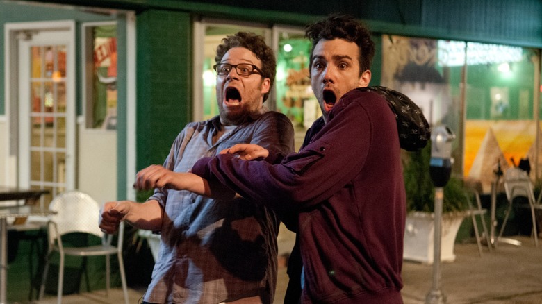 Seth Rogen and Jay Baruchel scream in horror in "This Is The End" (2013)