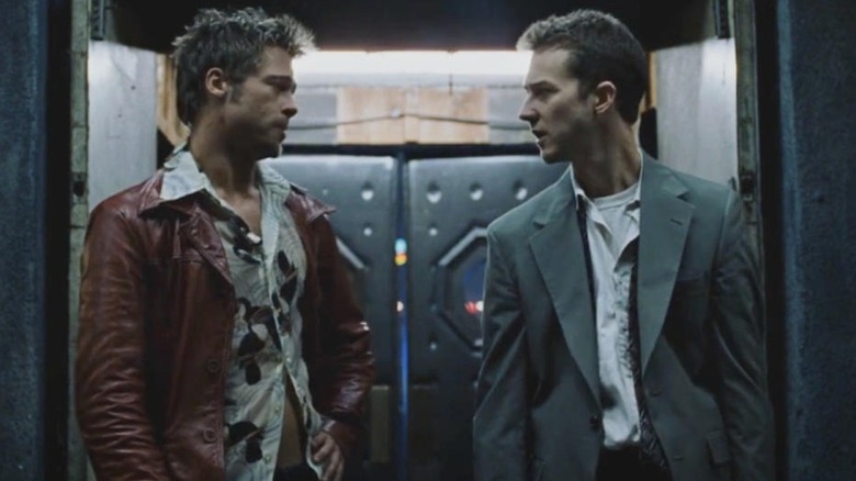 Tyler Durden and "The Narrator" talk outside in "Fight Club" (1999)