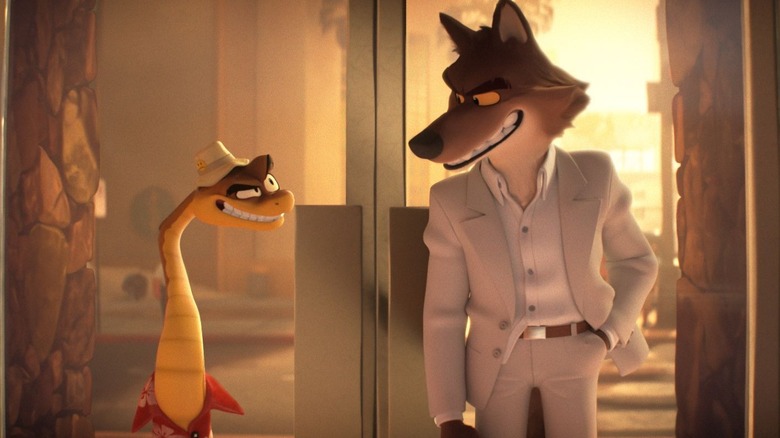 Wolf and Snake grinning at each other in The Bad Guys