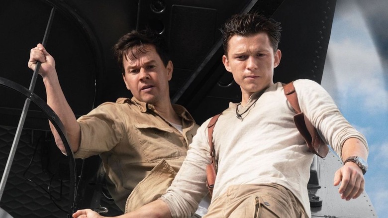 Sully and Nate prepare to drop from a cargo plane in Uncharted (2022)